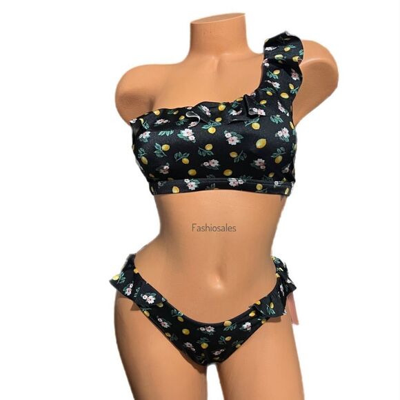 Victoria’s Secret Swim Ruffle One-Shoulder Bikini Top & bottom set Black Lemon - Picture 9 of 13